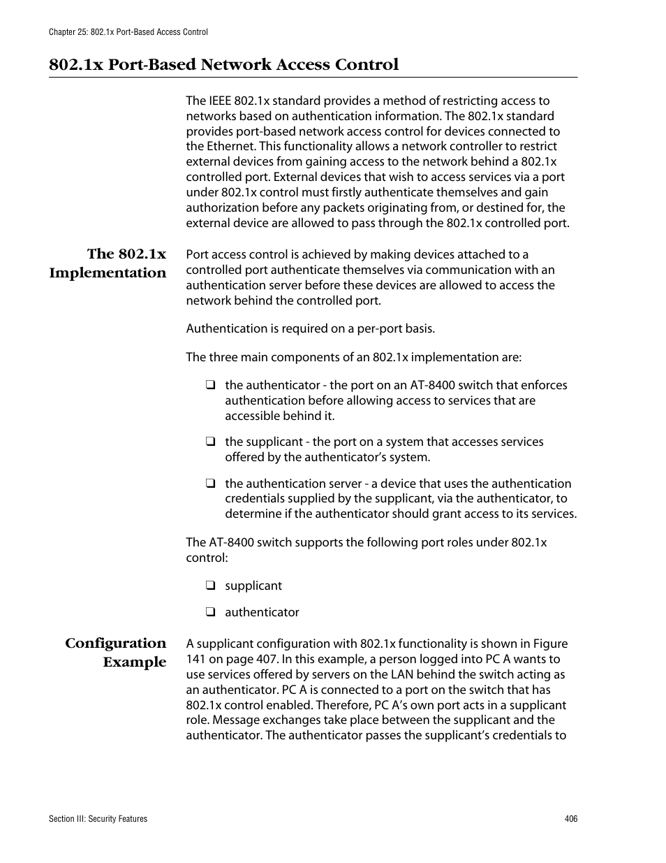 1x port-based network access control, The 802.1x implementation, Configuration example | The 802.1x implementation configuration example | Allied Telesis AT-S60 User Manual | Page 407 / 615