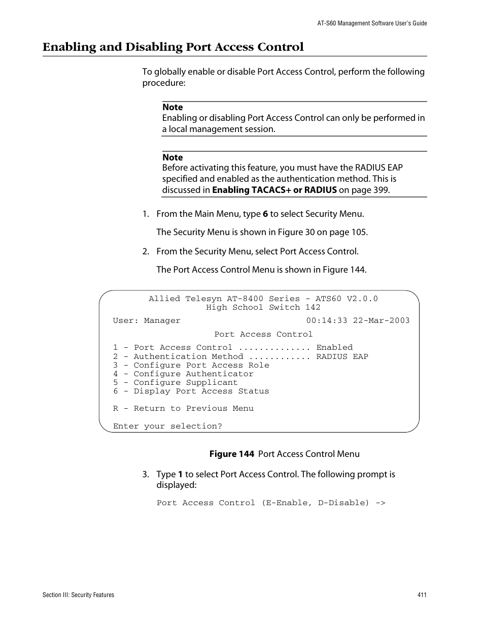 Enabling and disabling port access control | Allied Telesis AT-S60 User Manual | Page 412 / 615