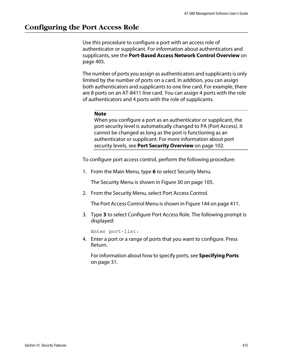 Configuring the port access role | Allied Telesis AT-S60 User Manual | Page 414 / 615
