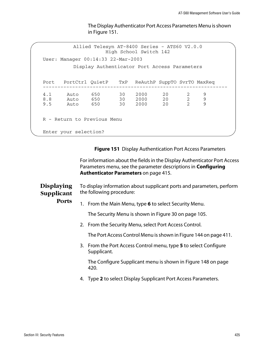 Displaying supplicant ports | Allied Telesis AT-S60 User Manual | Page 426 / 615