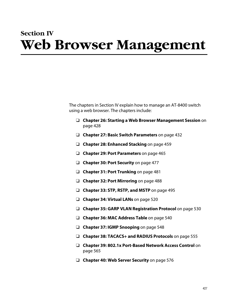 Section iv, Web browser management, Section iv web browser management | Allied Telesis AT-S60 User Manual | Page 428 / 615