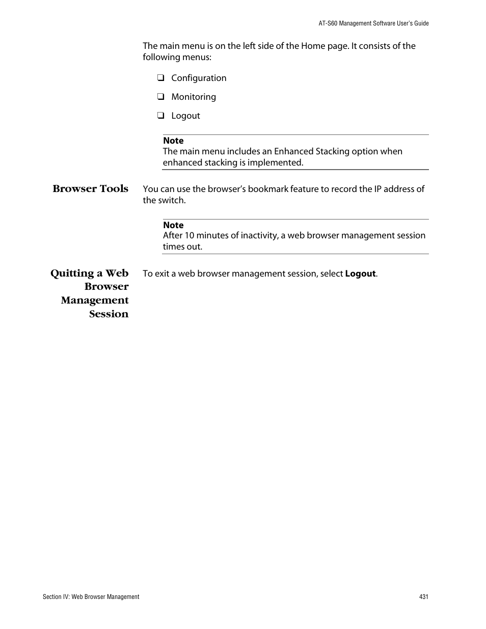 Browser tools, Quitting a web browser management session | Allied Telesis AT-S60 User Manual | Page 432 / 615