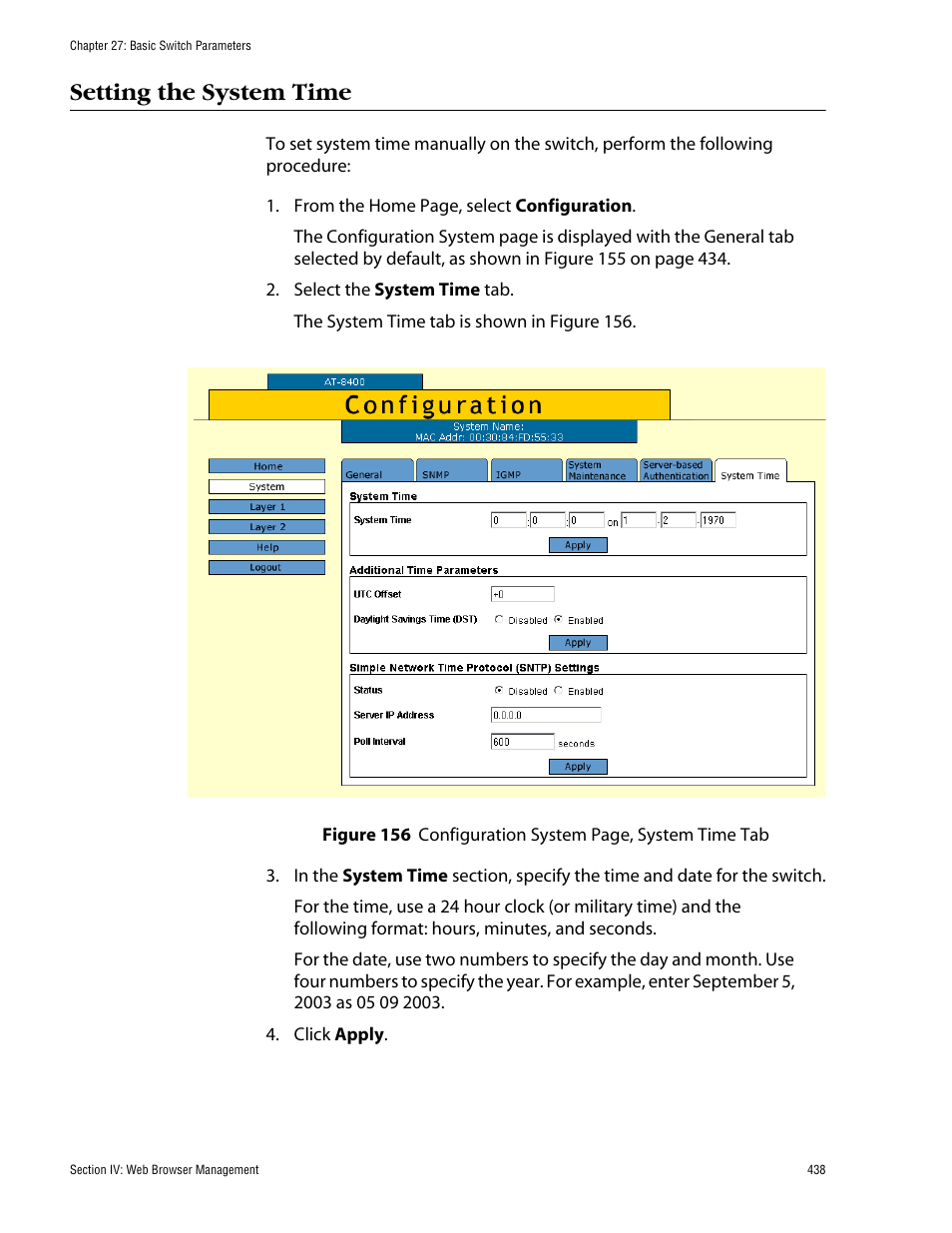 Setting the system time | Allied Telesis AT-S60 User Manual | Page 439 / 615