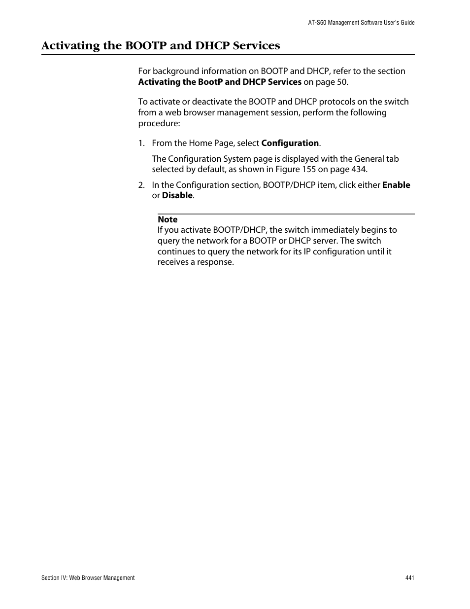 Activating the bootp and dhcp services | Allied Telesis AT-S60 User Manual | Page 442 / 615