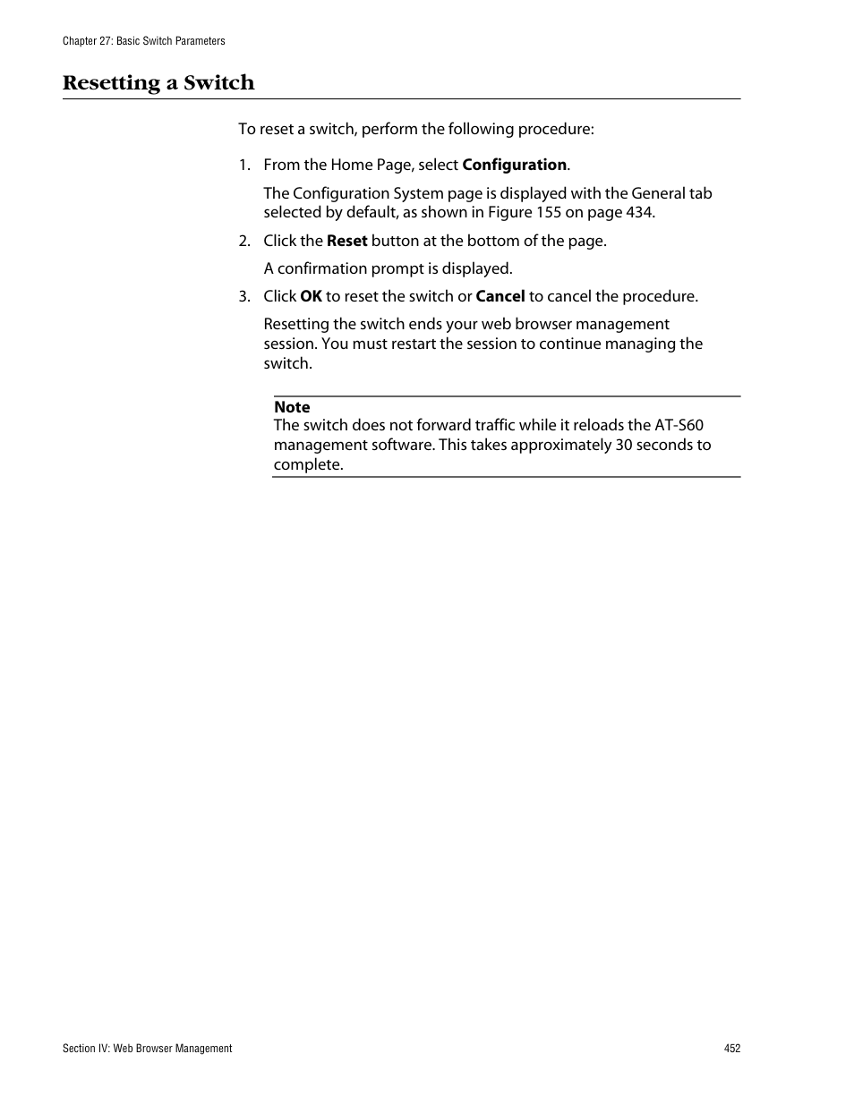 Resetting a switch | Allied Telesis AT-S60 User Manual | Page 453 / 615