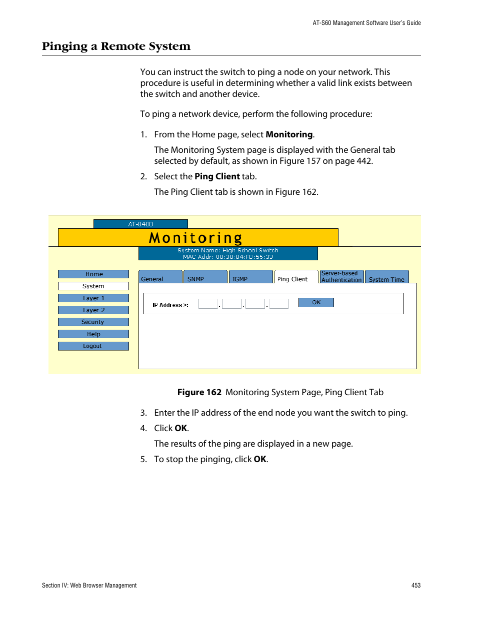 Pinging a remote system | Allied Telesis AT-S60 User Manual | Page 454 / 615