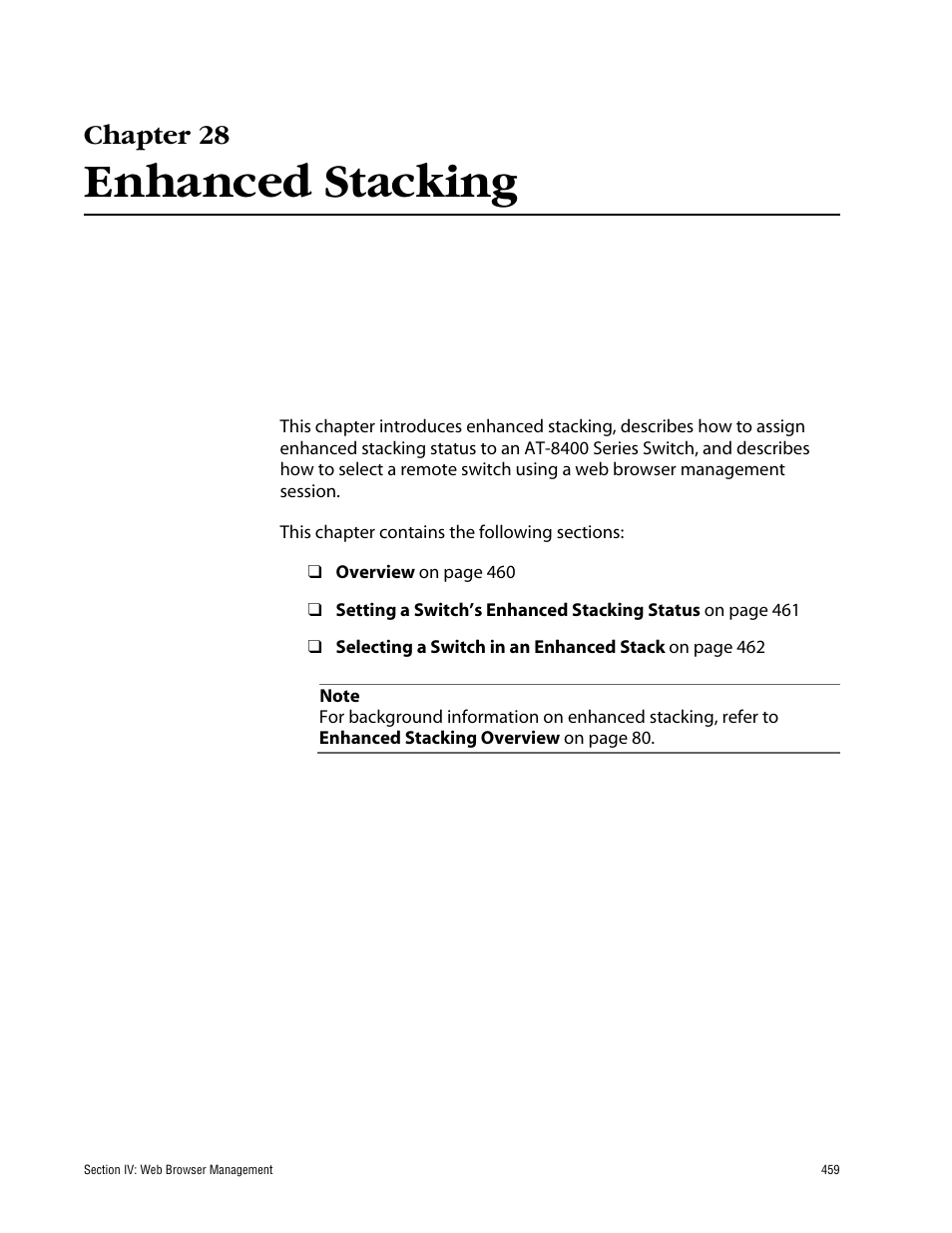 Chapter 28, Enhanced stacking | Allied Telesis AT-S60 User Manual | Page 460 / 615