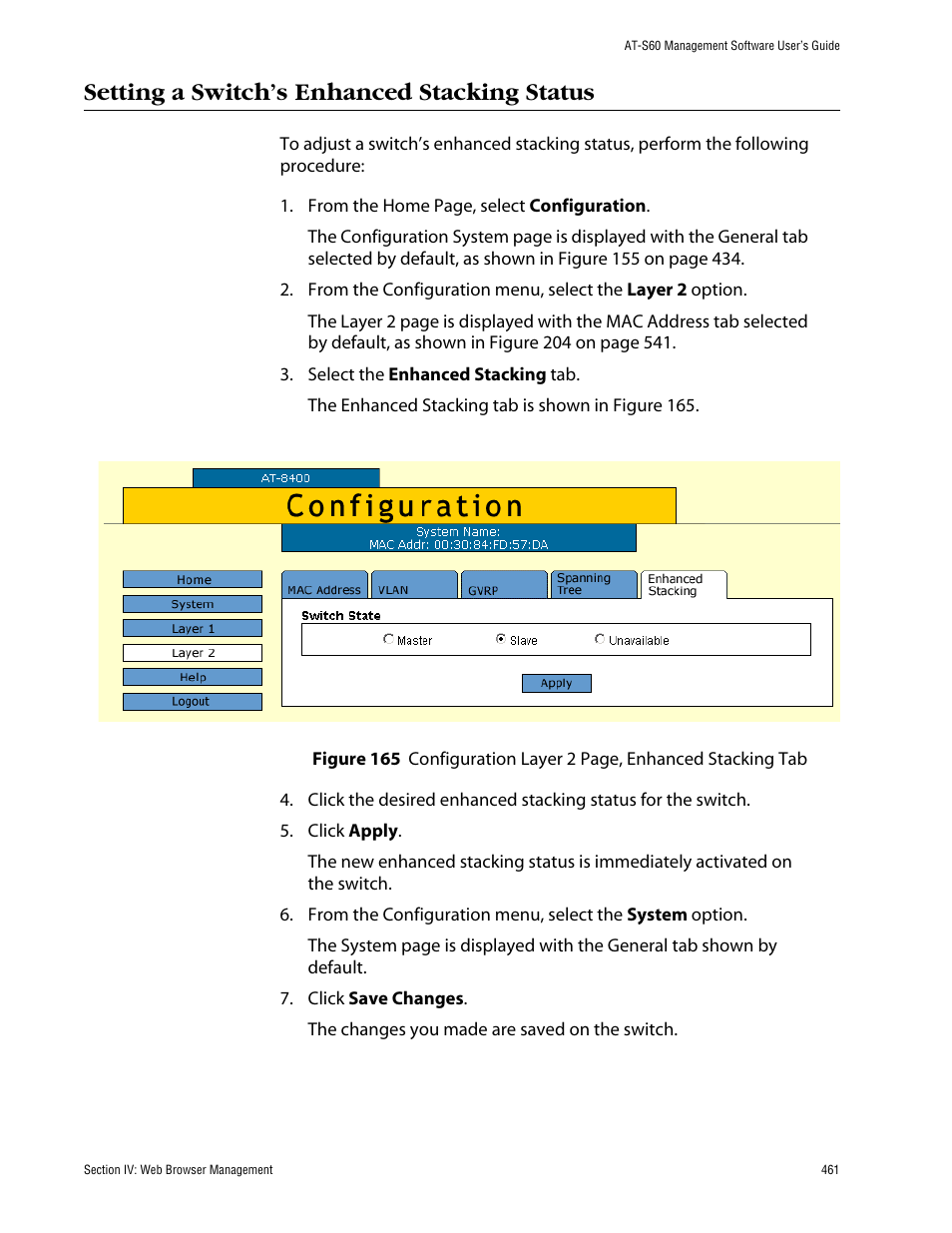 Setting a switch’s enhanced stacking status | Allied Telesis AT-S60 User Manual | Page 462 / 615