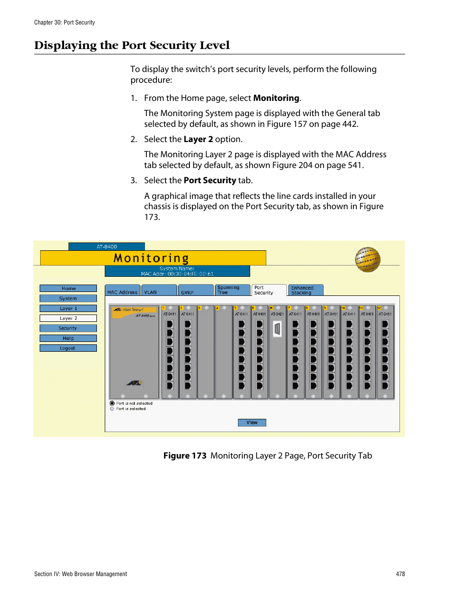 Displaying the port security level | Allied Telesis AT-S60 User Manual | Page 479 / 615