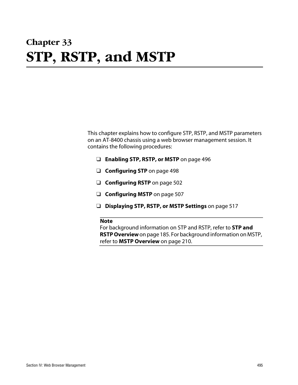 Chapter 33, Stp, rstp, and mstp | Allied Telesis AT-S60 User Manual | Page 496 / 615