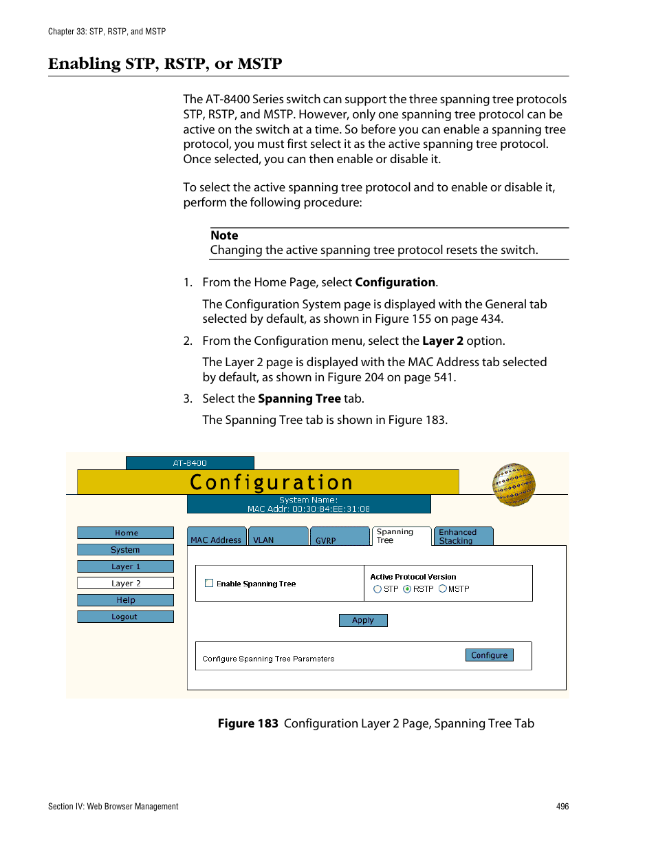 Enabling stp, rstp, or mstp | Allied Telesis AT-S60 User Manual | Page 497 / 615