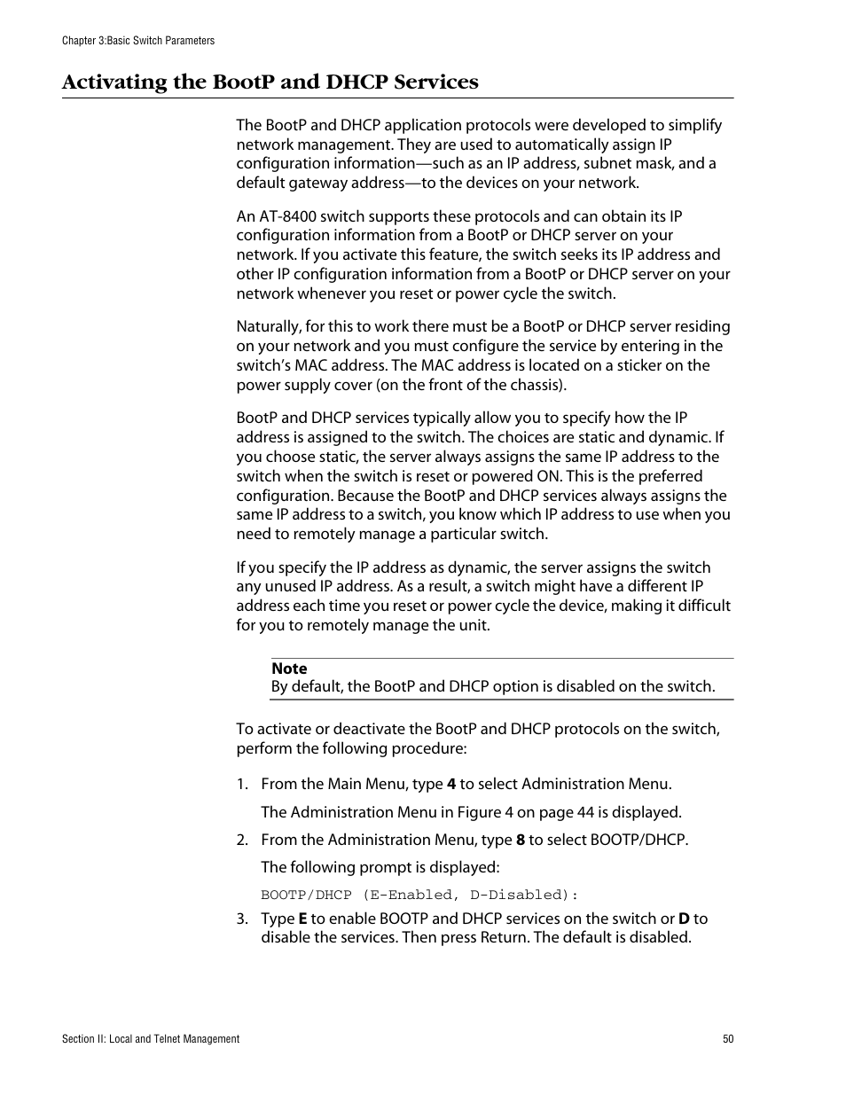 Activating the bootp and dhcp services | Allied Telesis AT-S60 User Manual | Page 51 / 615