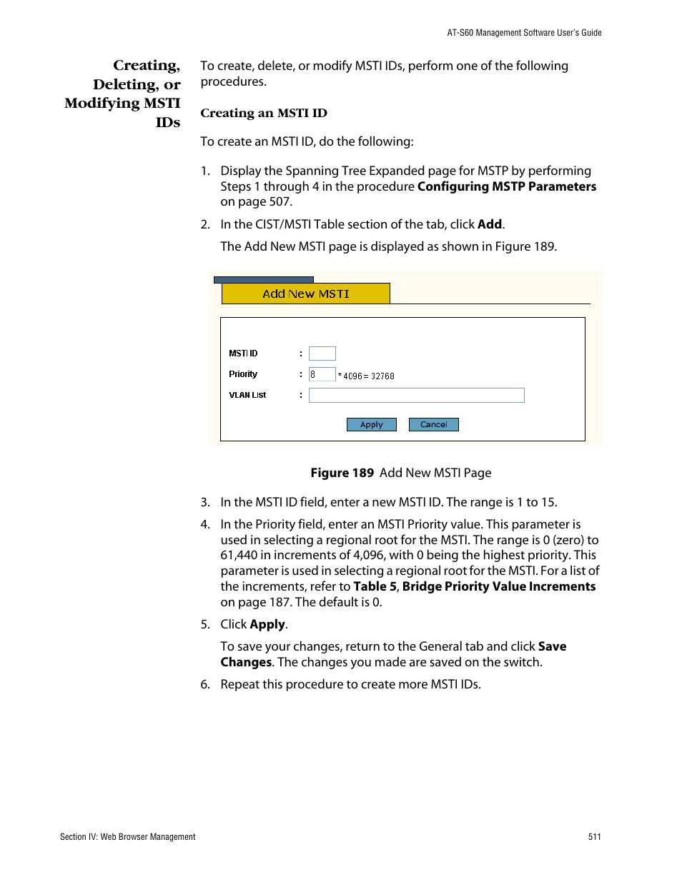 Creating, deleting, or modifying msti ids | Allied Telesis AT-S60 User Manual | Page 512 / 615