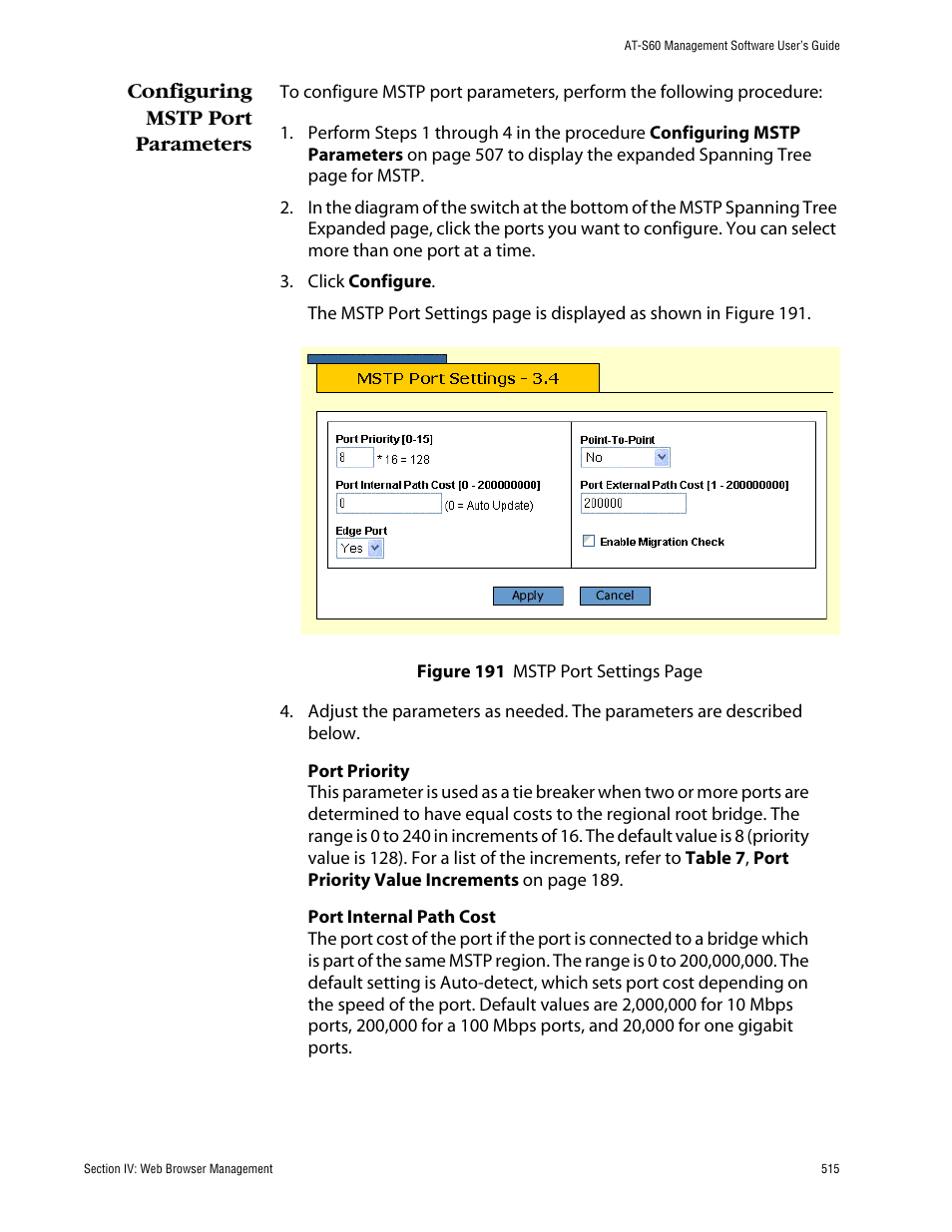 Configuring mstp port parameters | Allied Telesis AT-S60 User Manual | Page 516 / 615
