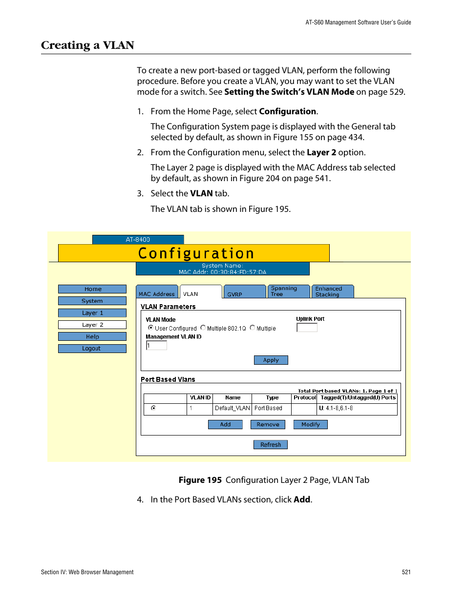 Creating a vlan | Allied Telesis AT-S60 User Manual | Page 522 / 615