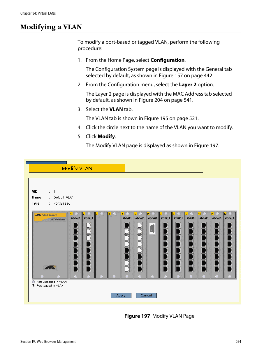 Modifying a vlan | Allied Telesis AT-S60 User Manual | Page 525 / 615