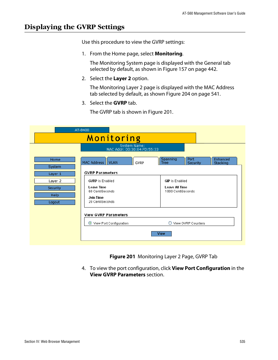 Displaying the gvrp settings | Allied Telesis AT-S60 User Manual | Page 536 / 615