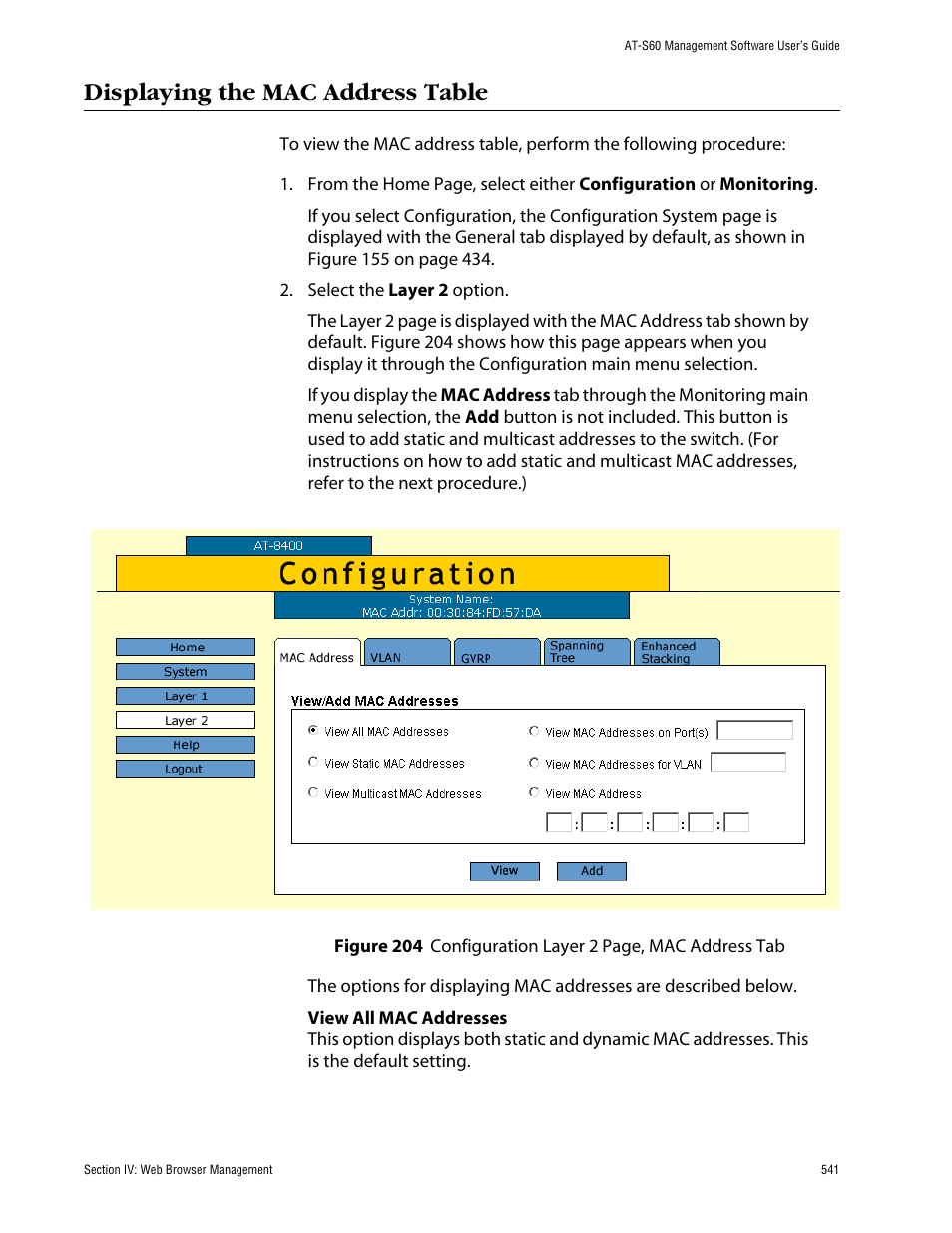 Displaying the mac address table | Allied Telesis AT-S60 User Manual | Page 542 / 615