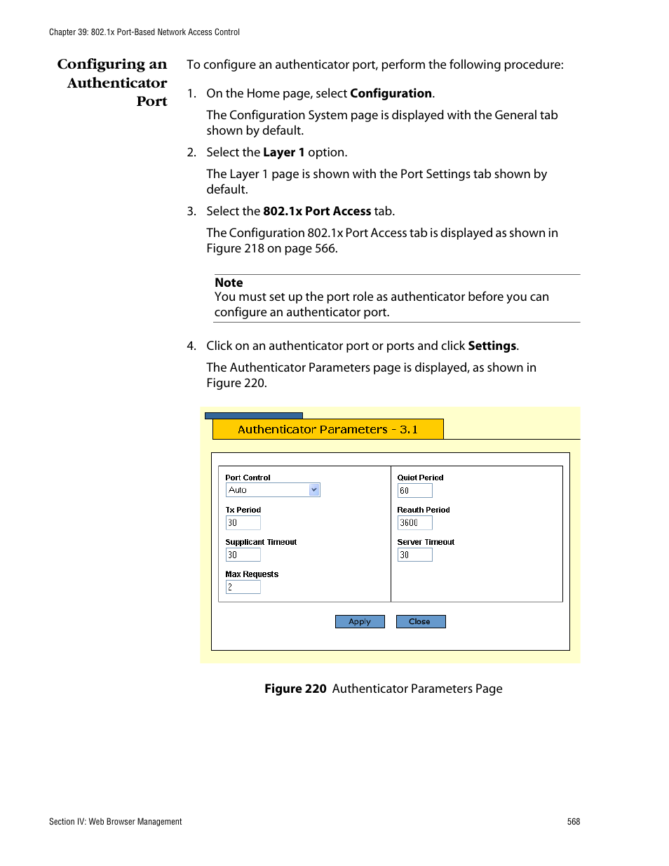 Configuring an authenticator port | Allied Telesis AT-S60 User Manual | Page 569 / 615