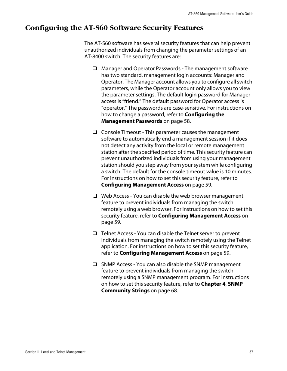 Configuring the at-s60 software security features | Allied Telesis AT-S60 User Manual | Page 58 / 615