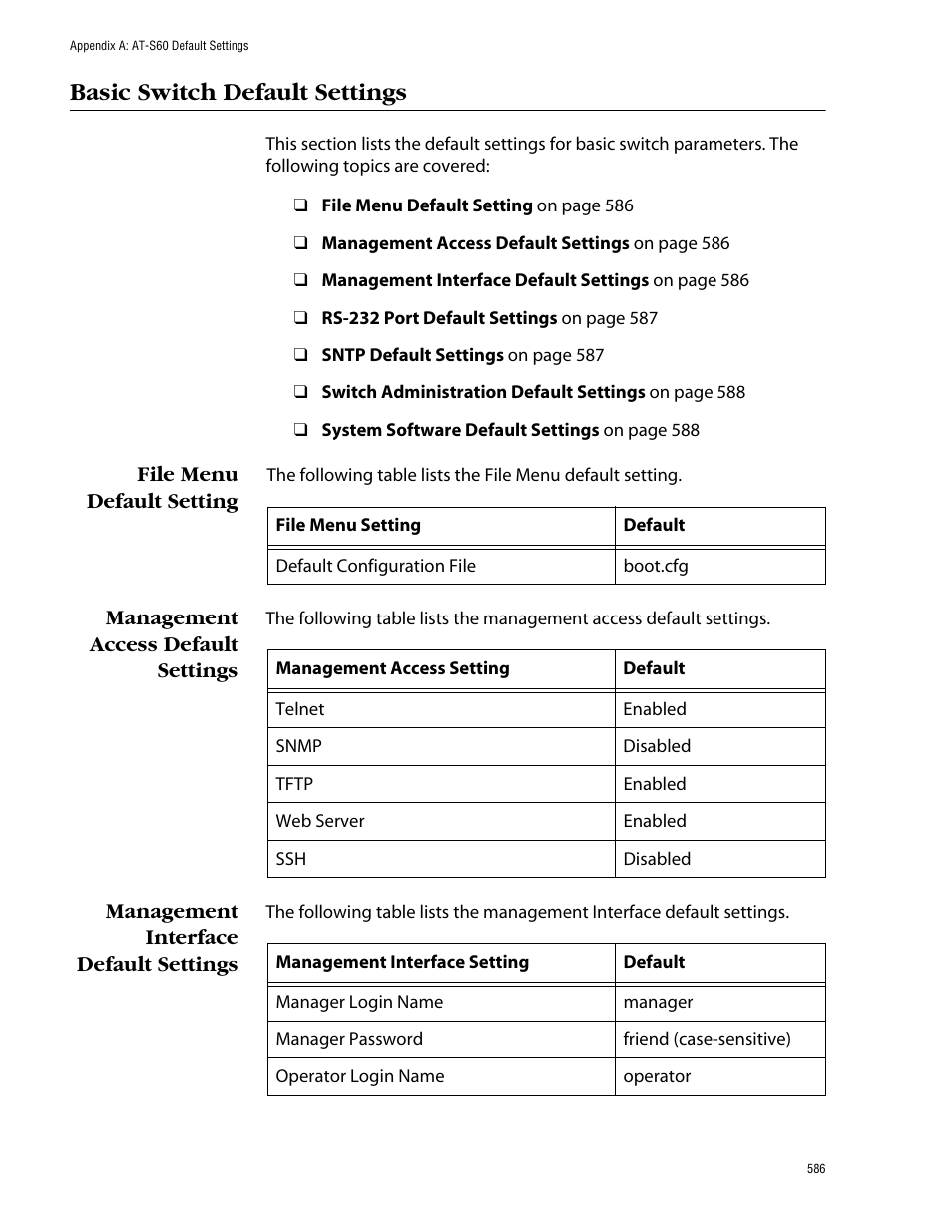 Basic switch default settings, File menu default setting, Management access default settings | Management interface default settings | Allied Telesis AT-S60 User Manual | Page 587 / 615