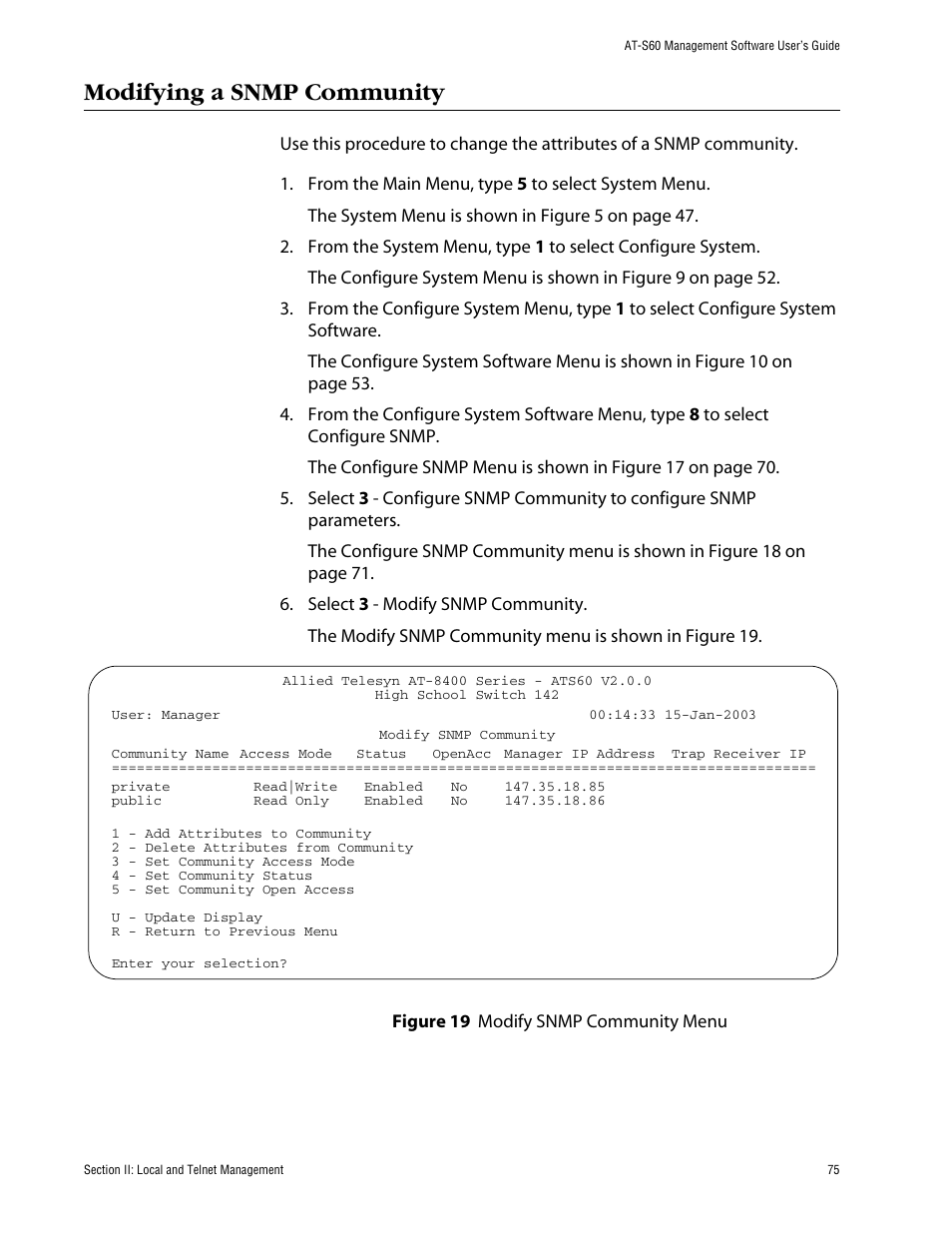 Modifying a snmp community | Allied Telesis AT-S60 User Manual | Page 76 / 615