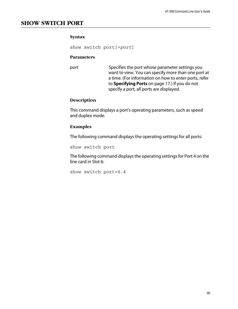 Show switch port | Allied Telesis AT-S60 User Manual | Page 101 / 303