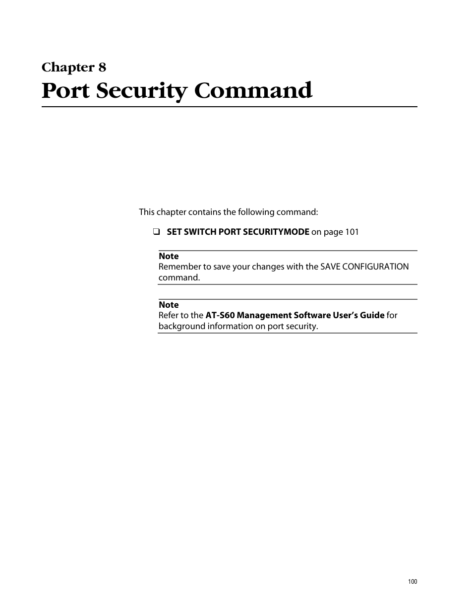 Chapter 8, Port security command | Allied Telesis AT-S60 User Manual | Page 102 / 303