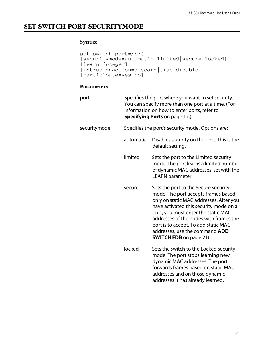 Set switch port securitymode | Allied Telesis AT-S60 User Manual | Page 103 / 303