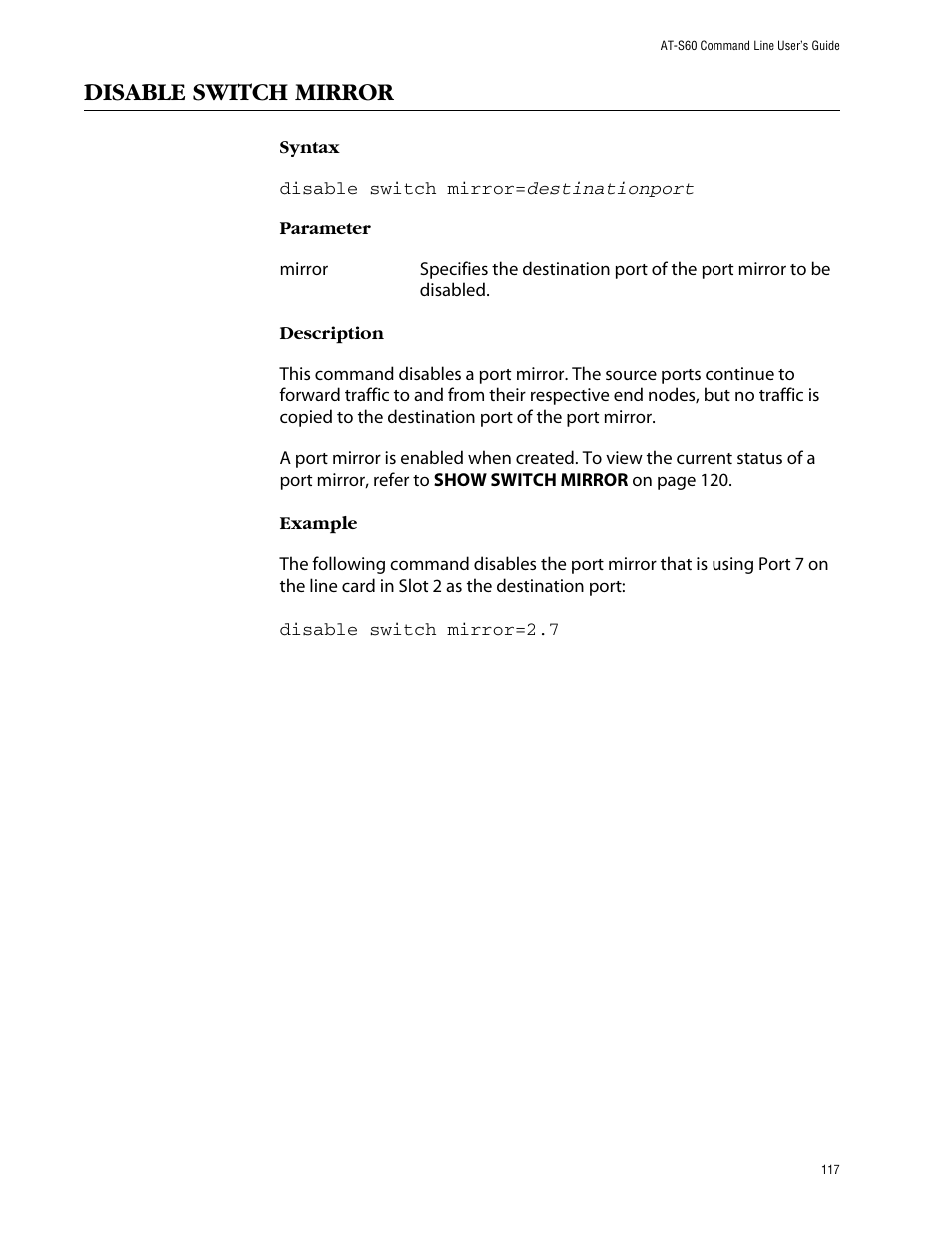 Disable switch mirror | Allied Telesis AT-S60 User Manual | Page 119 / 303