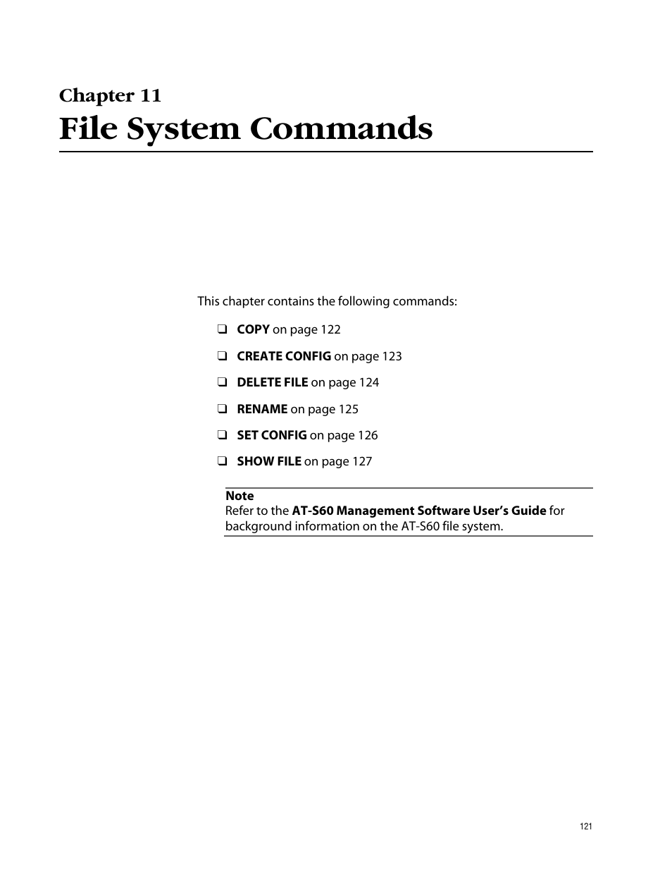 Chapter 11, File system commands | Allied Telesis AT-S60 User Manual | Page 123 / 303