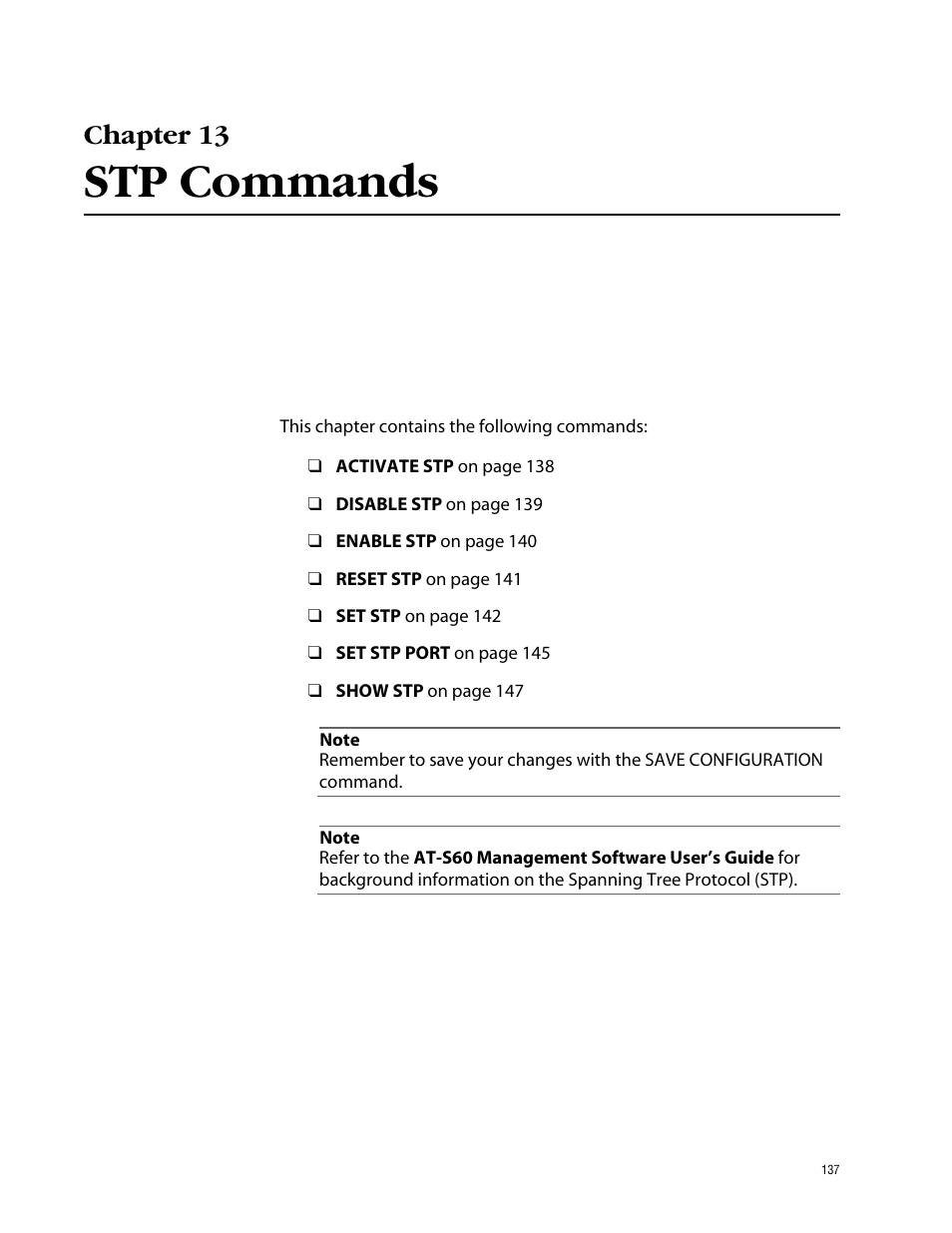 Chapter 13, Stp commands | Allied Telesis AT-S60 User Manual | Page 139 / 303