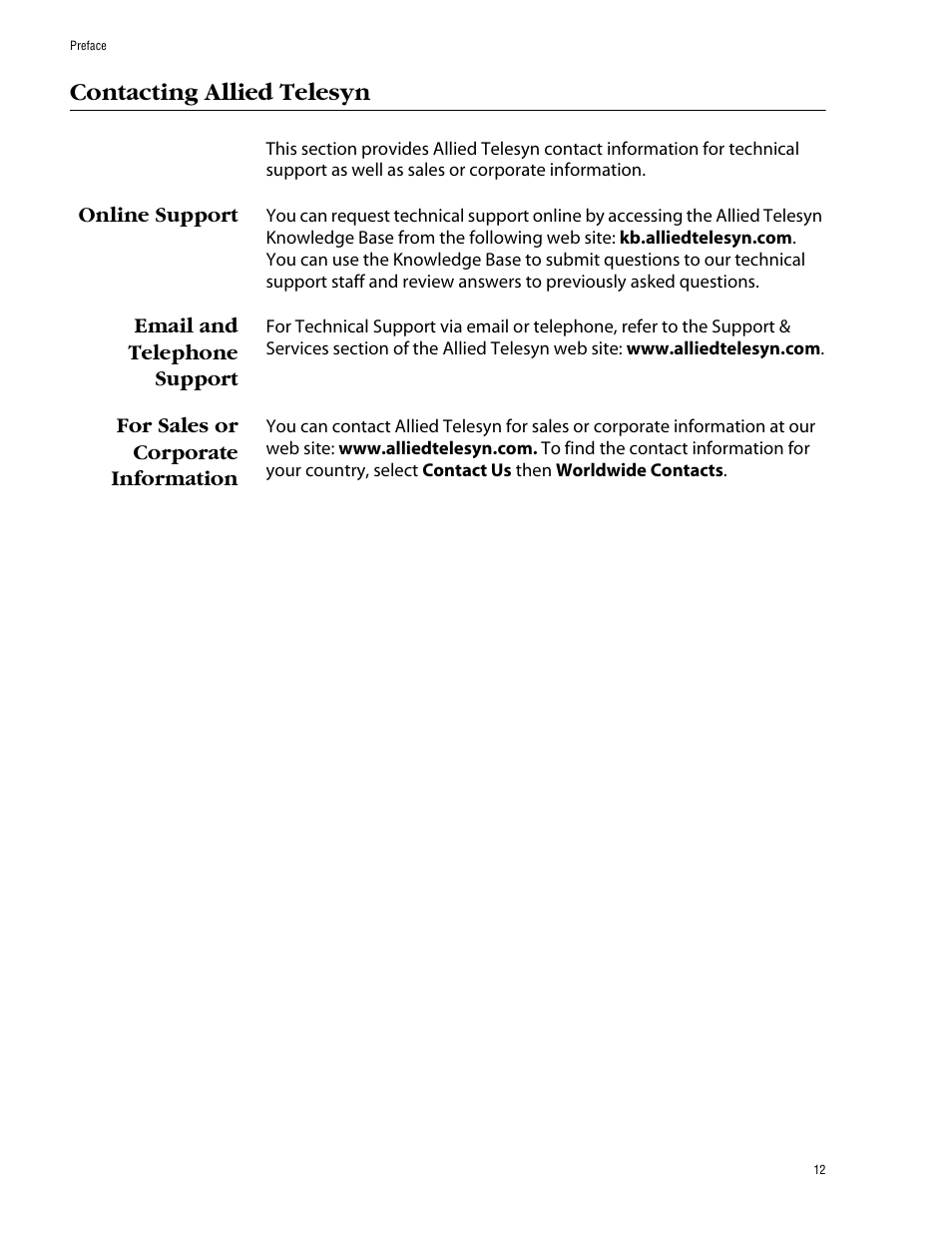 Contacting allied telesyn, Online support, Email and telephone support | For sales or corporate information | Allied Telesis AT-S60 User Manual | Page 14 / 303