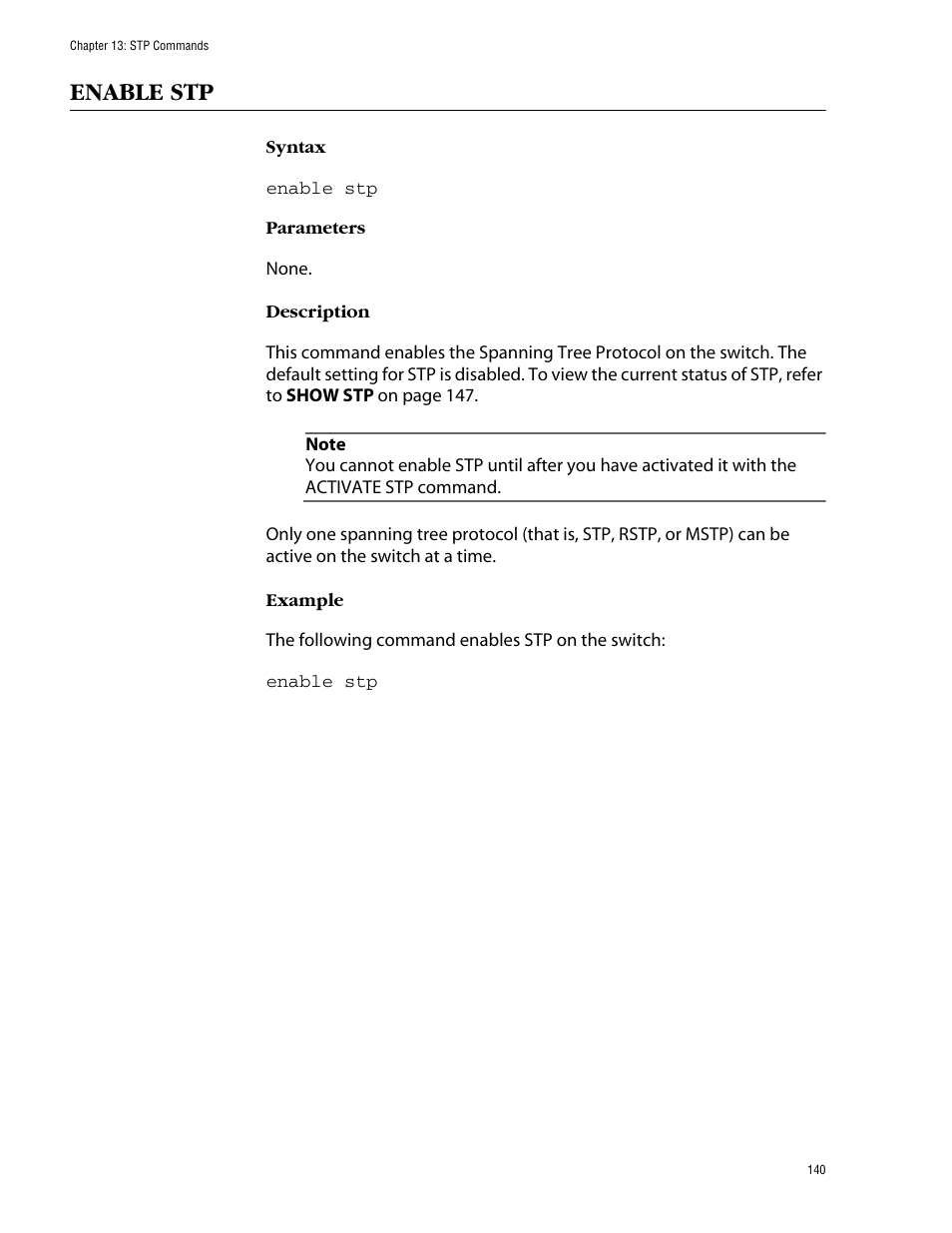 Enable stp | Allied Telesis AT-S60 User Manual | Page 142 / 303