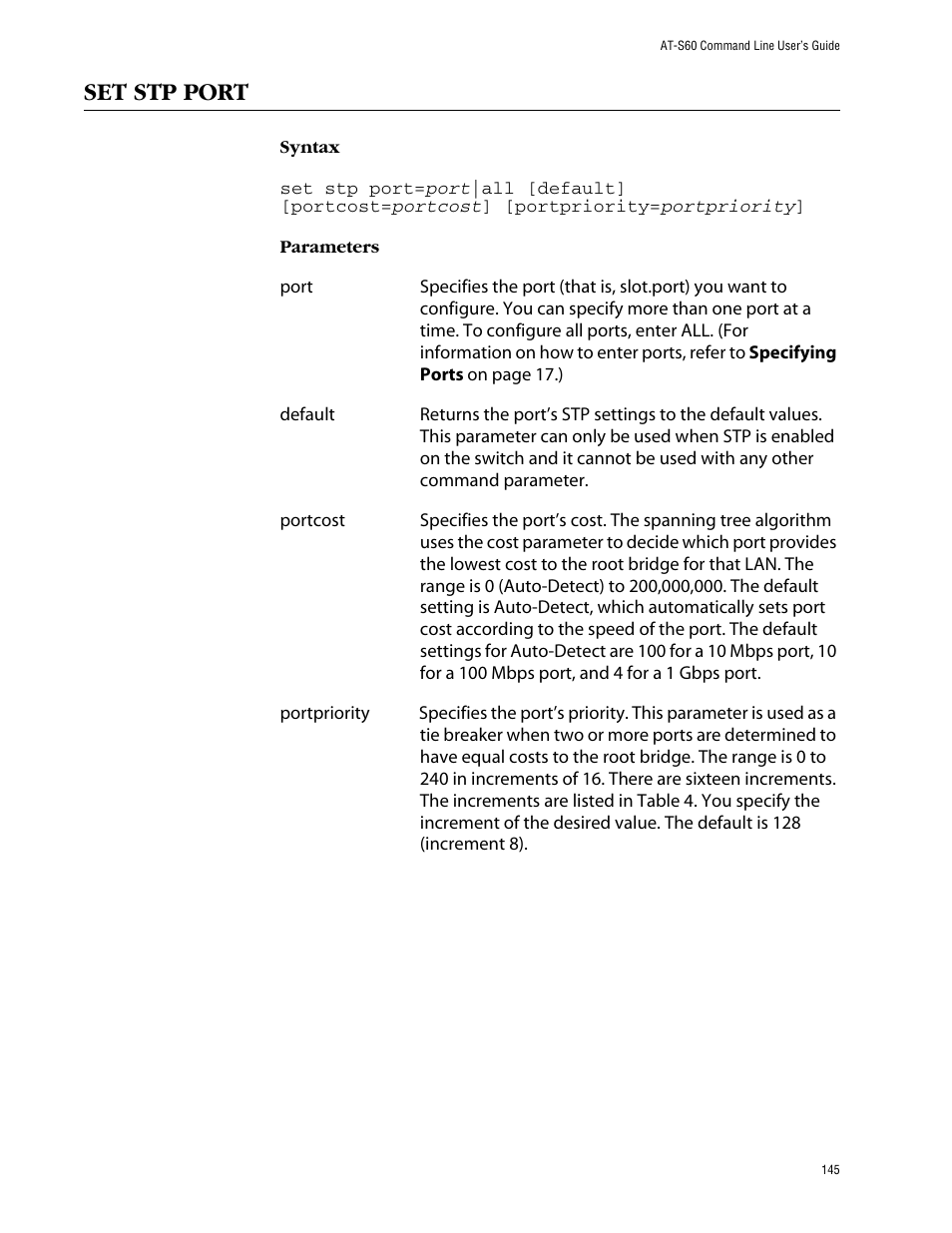 Set stp port | Allied Telesis AT-S60 User Manual | Page 147 / 303