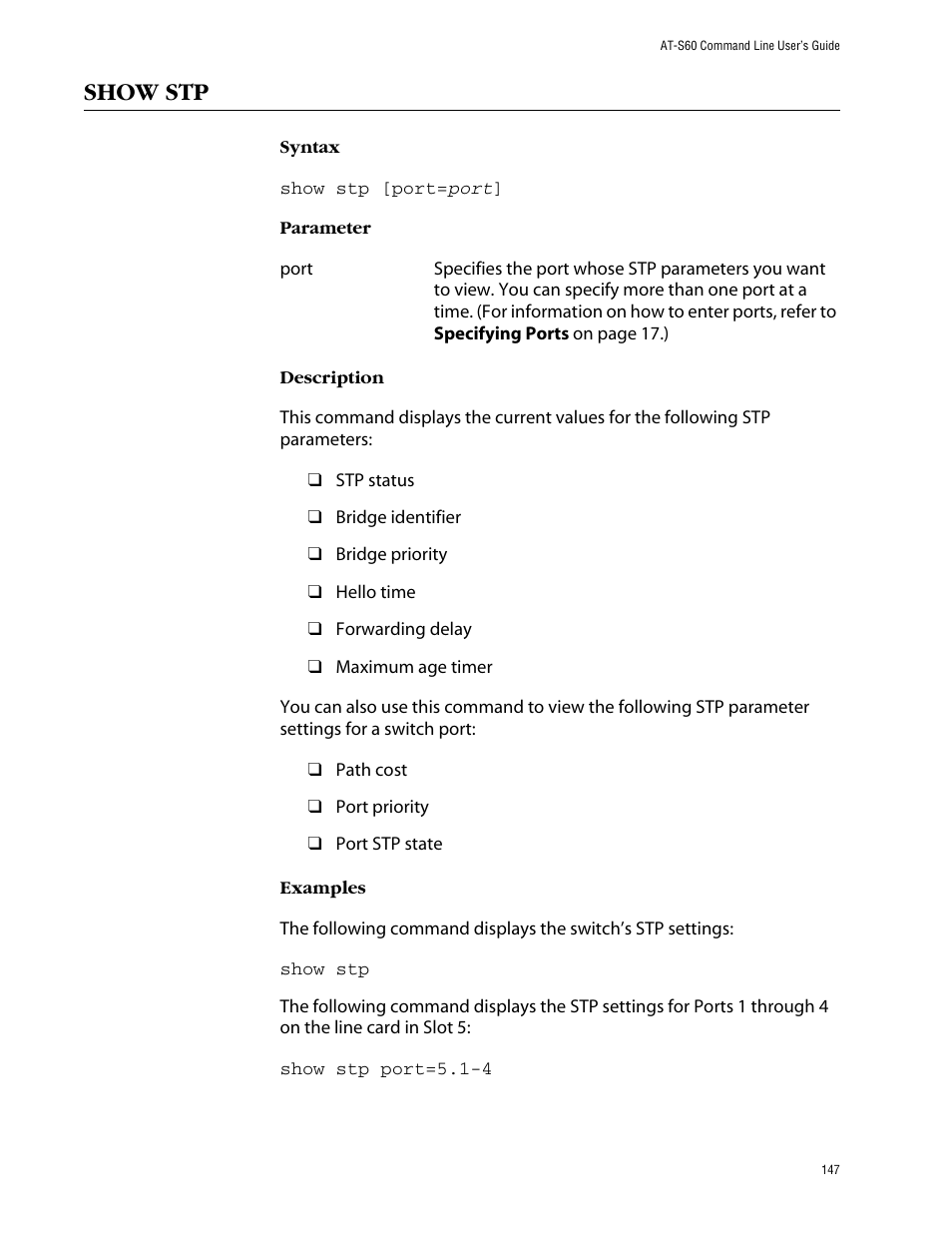 Show stp | Allied Telesis AT-S60 User Manual | Page 149 / 303