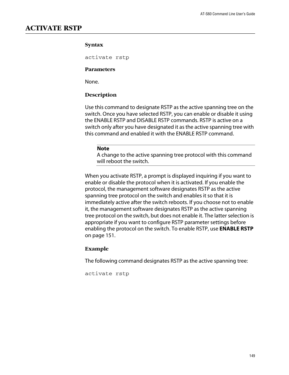 Activate rstp | Allied Telesis AT-S60 User Manual | Page 151 / 303