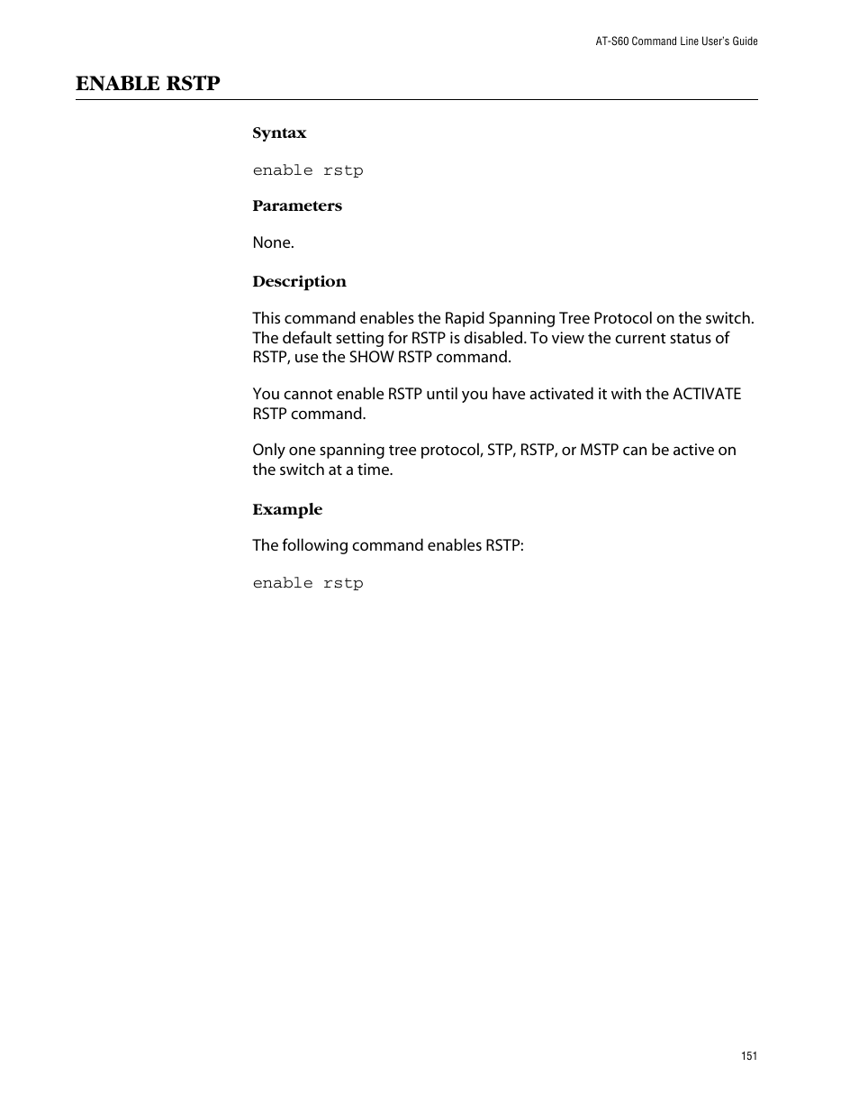 Enable rstp | Allied Telesis AT-S60 User Manual | Page 153 / 303