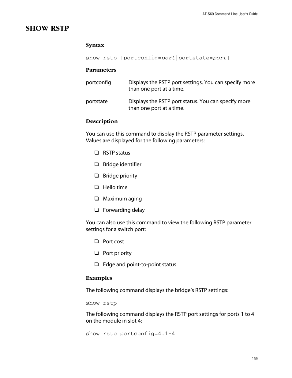 Show rstp | Allied Telesis AT-S60 User Manual | Page 161 / 303