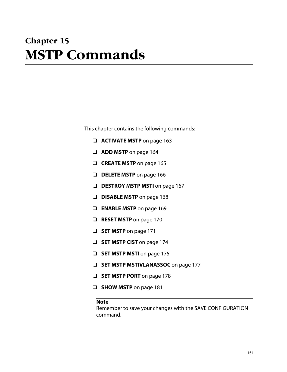 Chapter 15, Mstp commands | Allied Telesis AT-S60 User Manual | Page 163 / 303