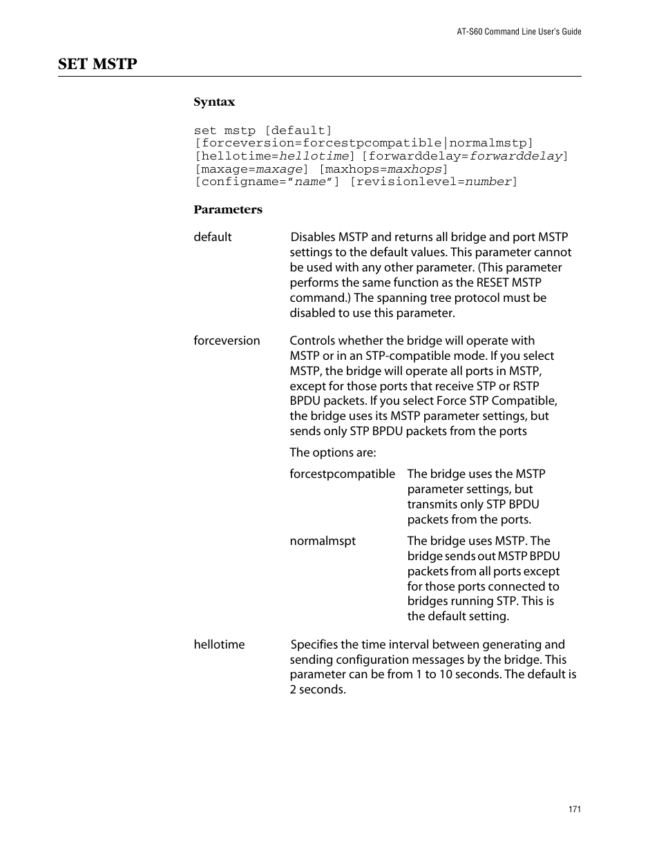 Set mstp | Allied Telesis AT-S60 User Manual | Page 173 / 303