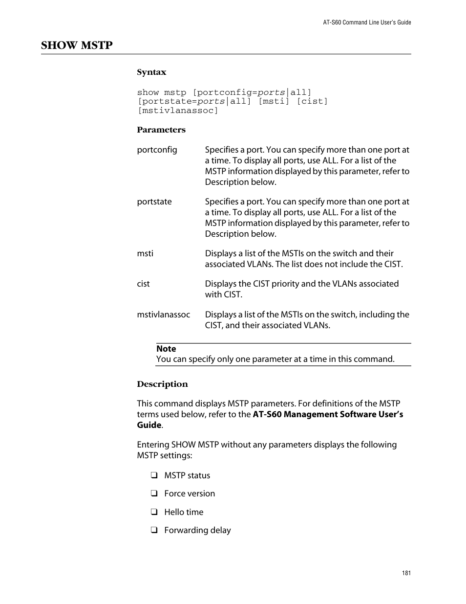 Show mstp | Allied Telesis AT-S60 User Manual | Page 183 / 303