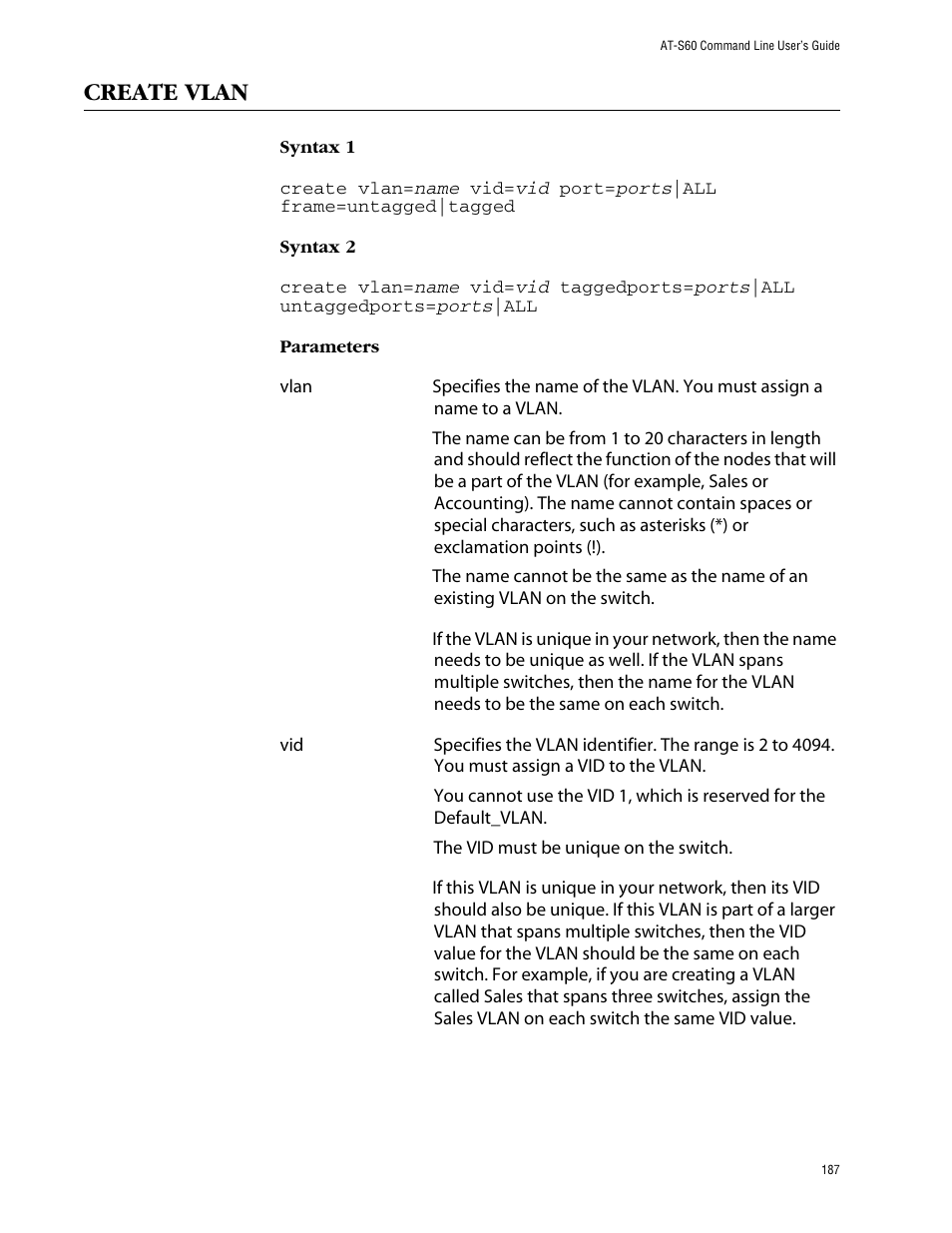 Create vlan | Allied Telesis AT-S60 User Manual | Page 189 / 303