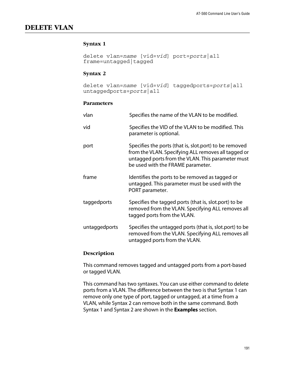 Delete vlan | Allied Telesis AT-S60 User Manual | Page 193 / 303