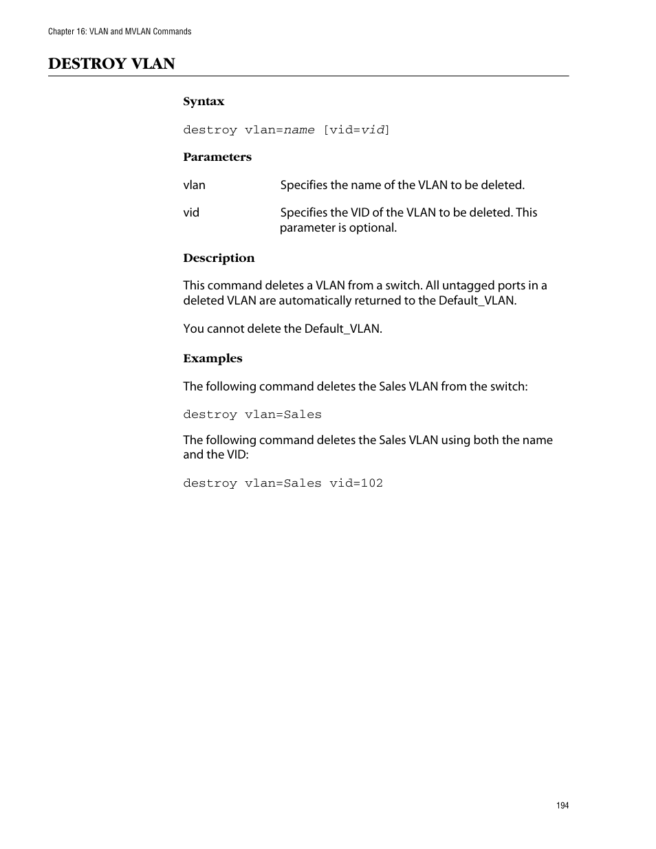 Destroy vlan | Allied Telesis AT-S60 User Manual | Page 196 / 303