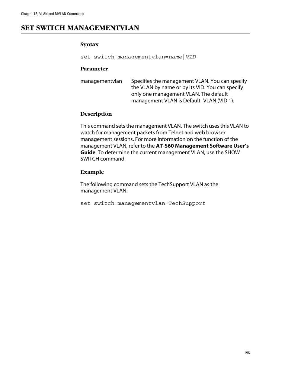 Set switch managementvlan | Allied Telesis AT-S60 User Manual | Page 198 / 303