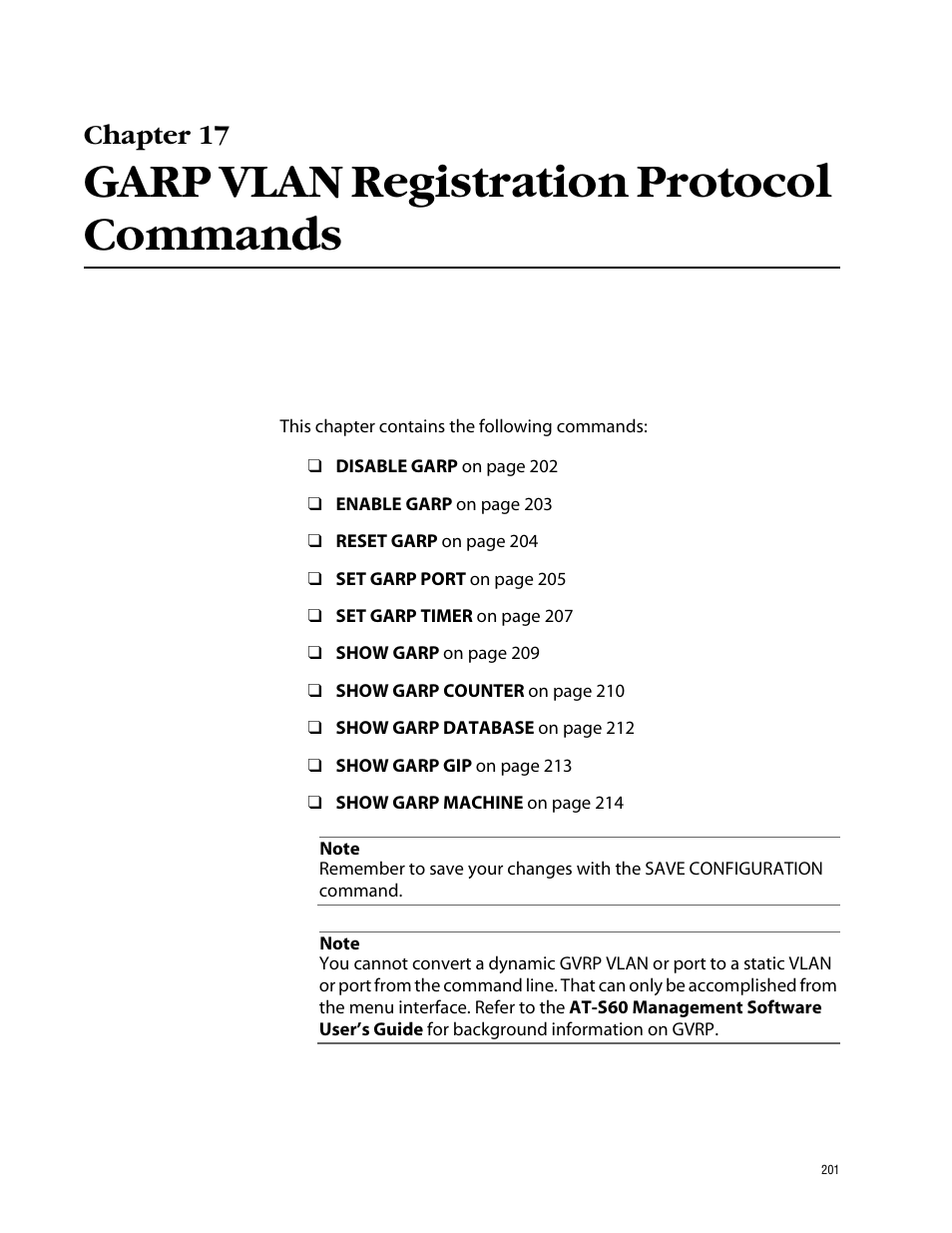 Chapter 17, Garp vlan registration protocol commands | Allied Telesis AT-S60 User Manual | Page 203 / 303