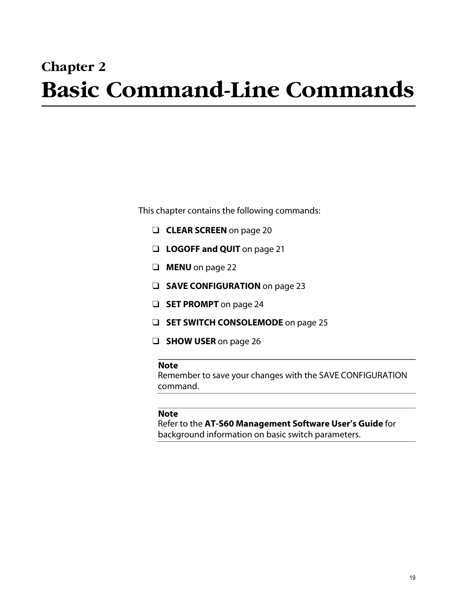 Chapter 2, Basic command-line commands | Allied Telesis AT-S60 User Manual | Page 21 / 303