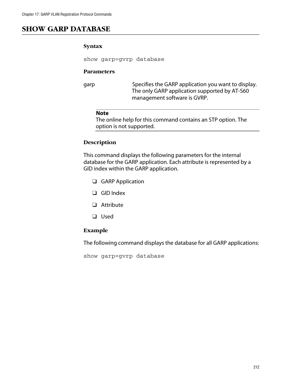 Show garp database | Allied Telesis AT-S60 User Manual | Page 214 / 303