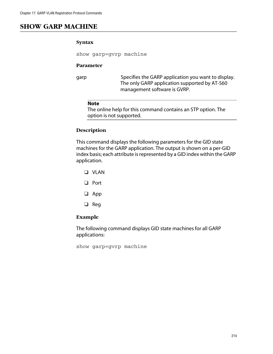 Show garp machine | Allied Telesis AT-S60 User Manual | Page 216 / 303